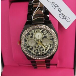 Ed Hardy Womens Watch Leopard Print Dial Crystal Bezel Black Gold Link Bracelet